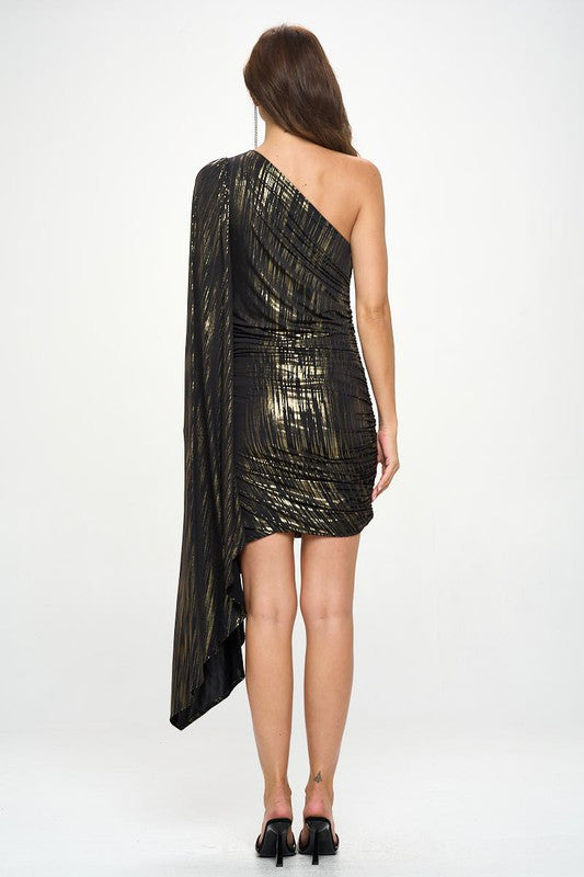 One Shoulder Ruched Dress with Gold Foil Detail