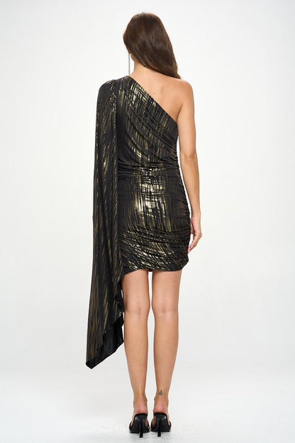 One Shoulder Ruched Dress with Gold Foil Detail