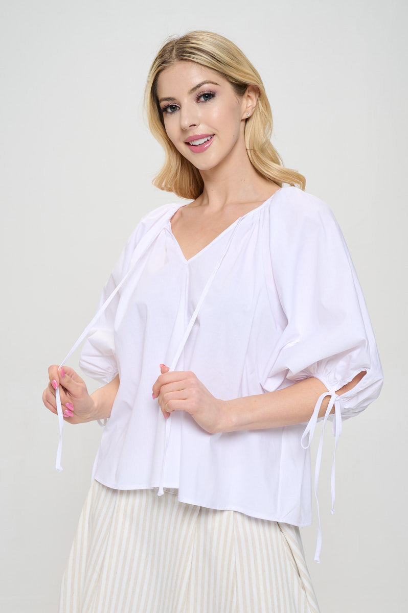 Cotton V neck Half Puff Sleeve with Tie-1