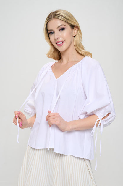 Cotton V neck Half Puff Sleeve with Tie-1
