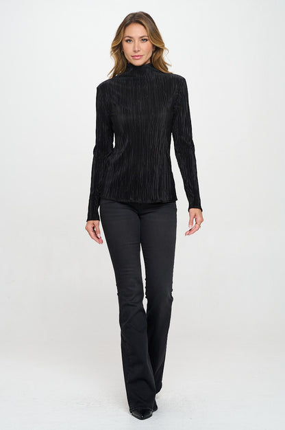 Plisse Long Sleeve Mock Neck Top