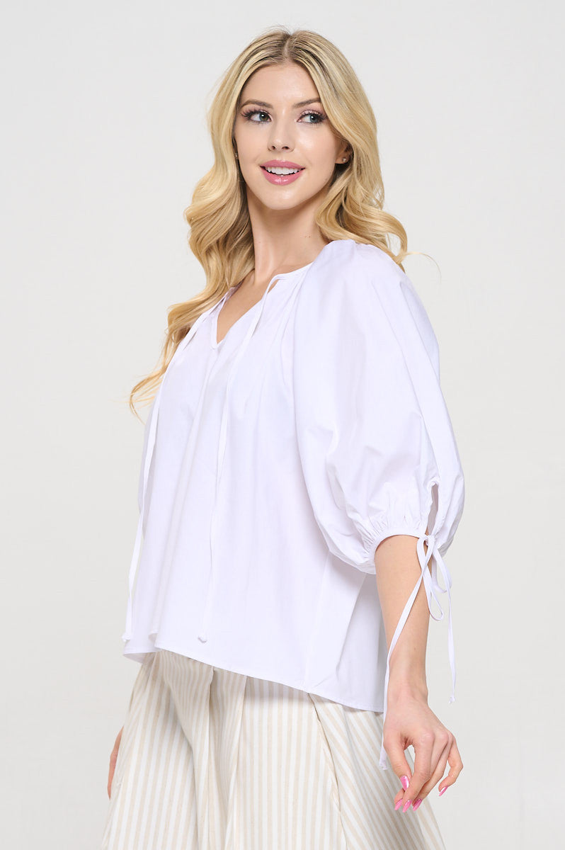 Cotton V neck Half Puff Sleeve with Tie-2