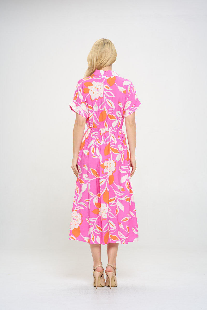 Flower Print Collared V neck Midi Dress with Pockets