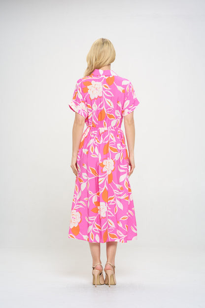 Flower Print Collared V neck Midi Dress with Pockets