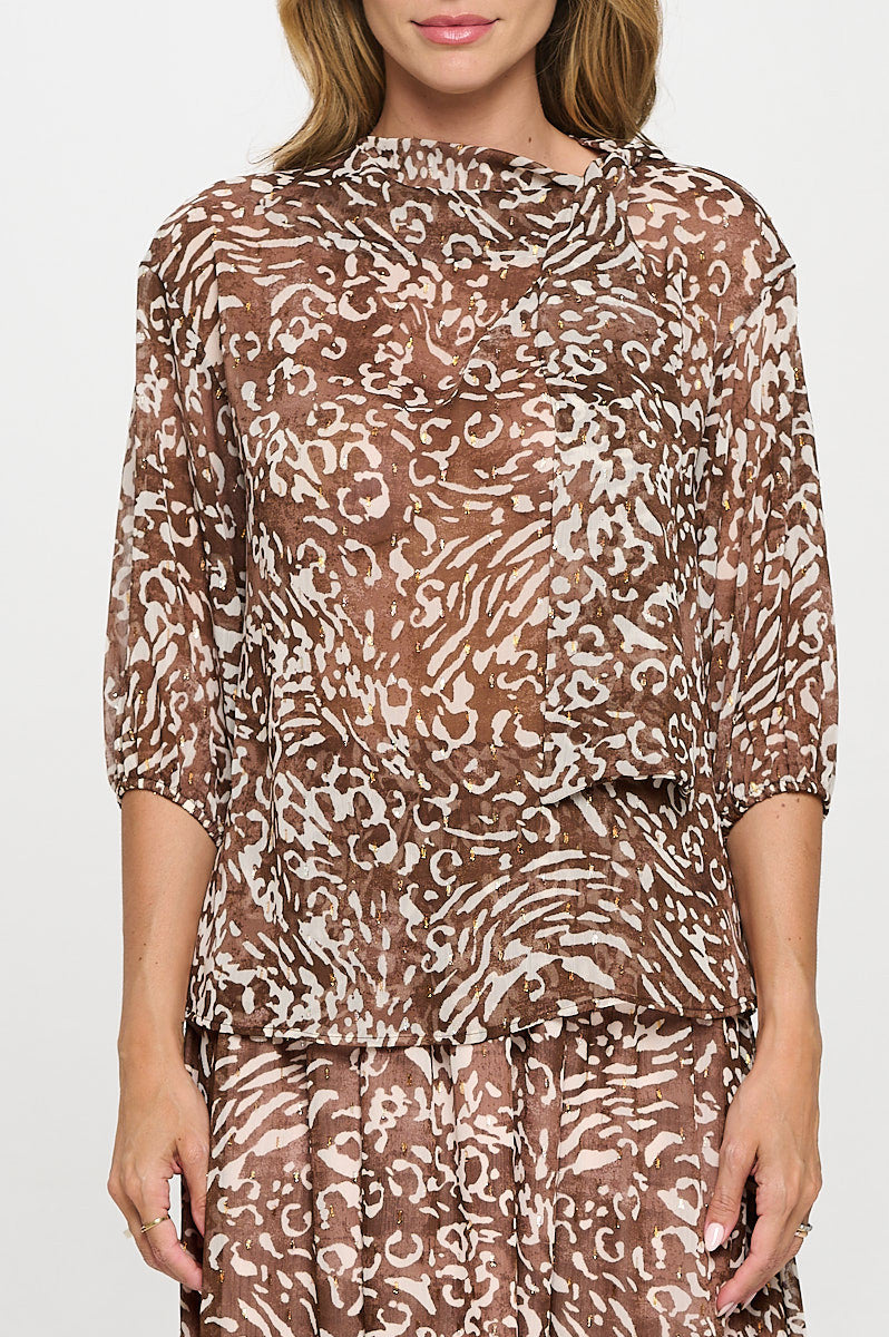 Abstract Print Sheer 3/4 Sleeve with Scarf Detail