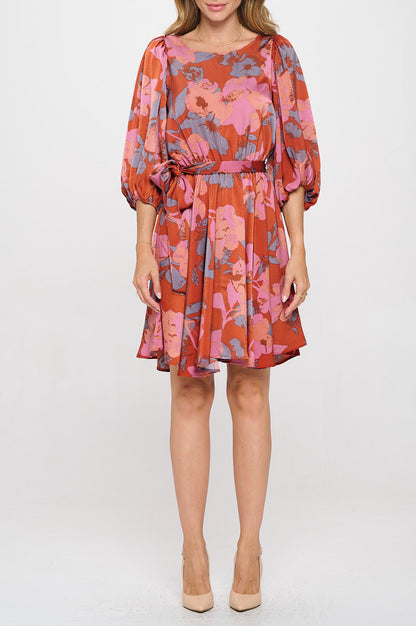 Floral Print Puff Sleeve Dress with Tie-2