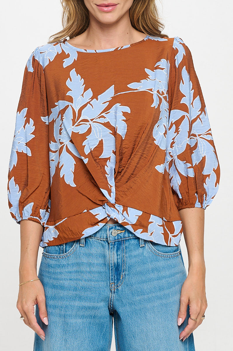 Floral Print 3/4 Sleeve Top with Front Twist-1