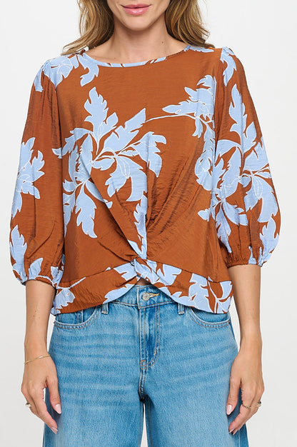 Floral Print 3/4 Sleeve Top with Front Twist-1