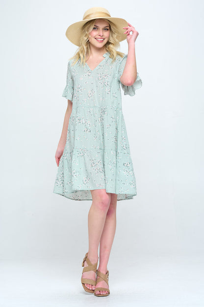 Floral Print V Neck Tiered Dress