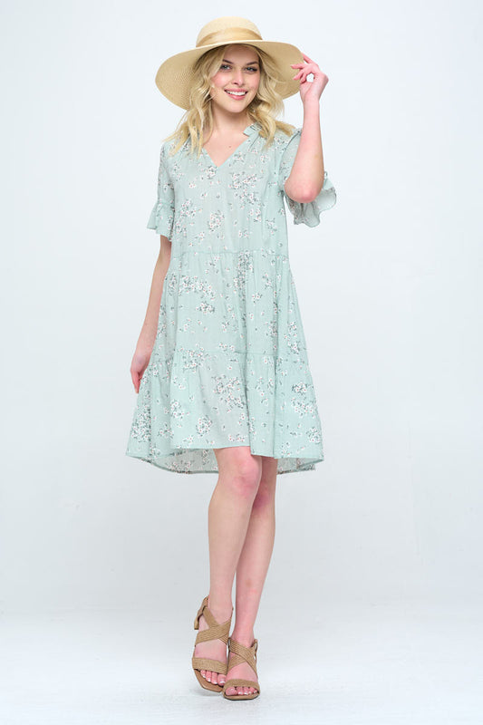 Floral Print V Neck Tiered Dress