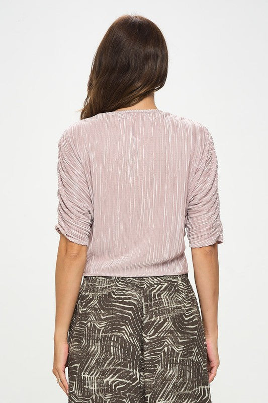 Plisse Mid Scrunched Sleeve Top with Front Twist
