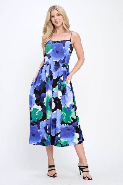 Floral Print Midi Dress with Smock Back Detail and Pockets