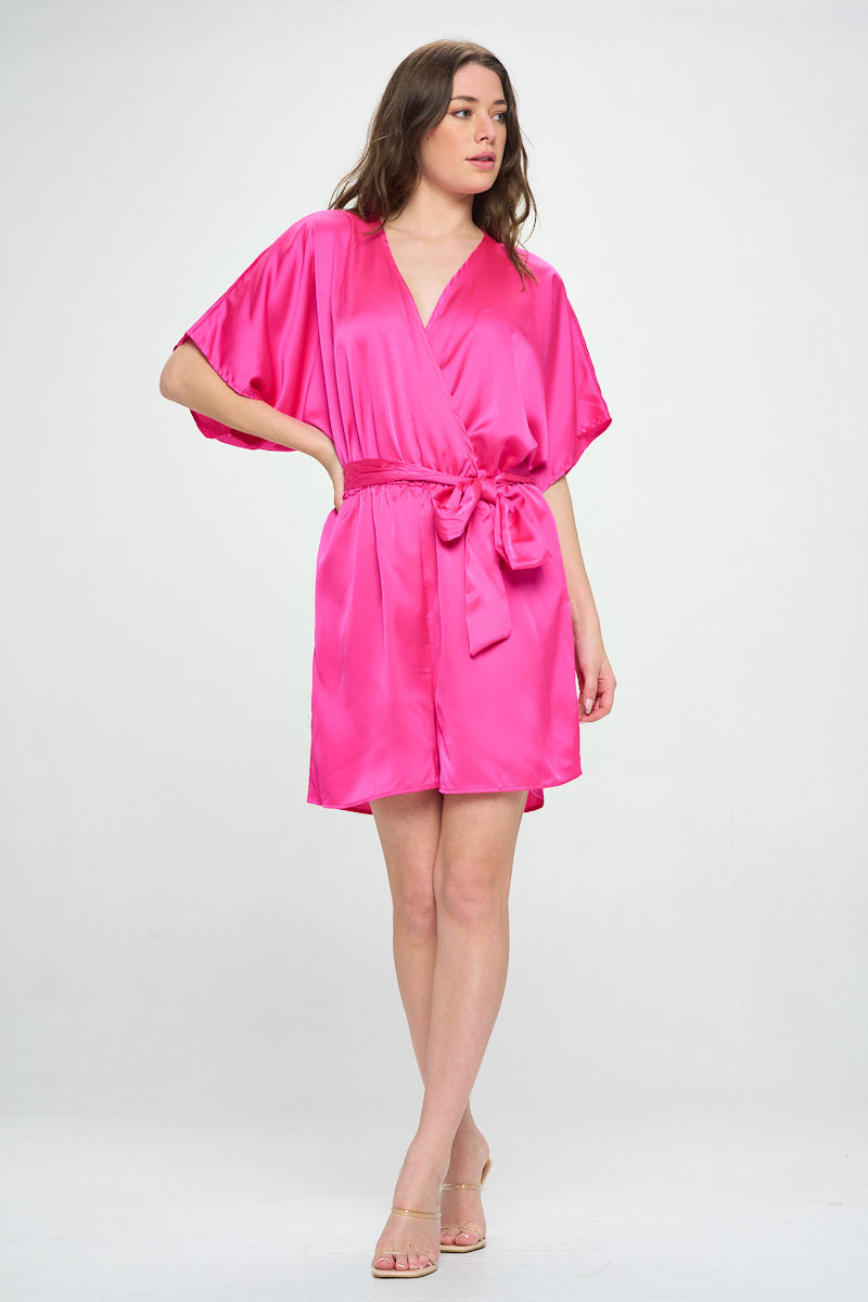 Solid Satin Kimono Romper with Tie