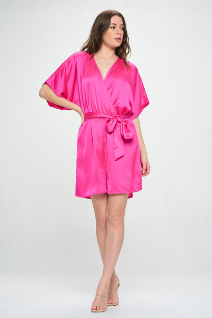 Solid Satin Kimono Romper with Tie