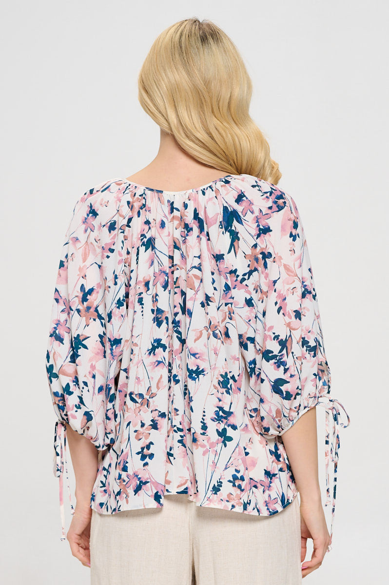 Floral Print V neck Top with Sleeve Tie