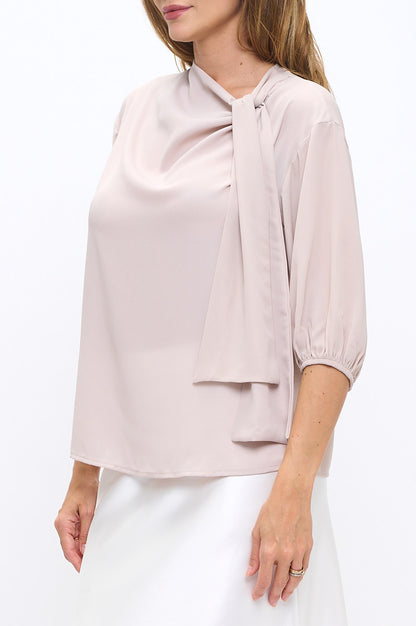 Solid Sheer 3/4 Sleeve with Scarf Detail