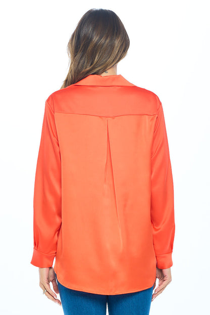 Stretch Satin V neck Top w/ Collar and Cuff Sleeve-2