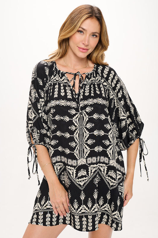Boho Print V neck Dress with Tie Sleeve