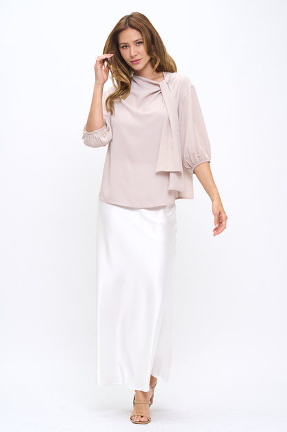 Solid Sheer 3/4 Sleeve with Scarf Detail