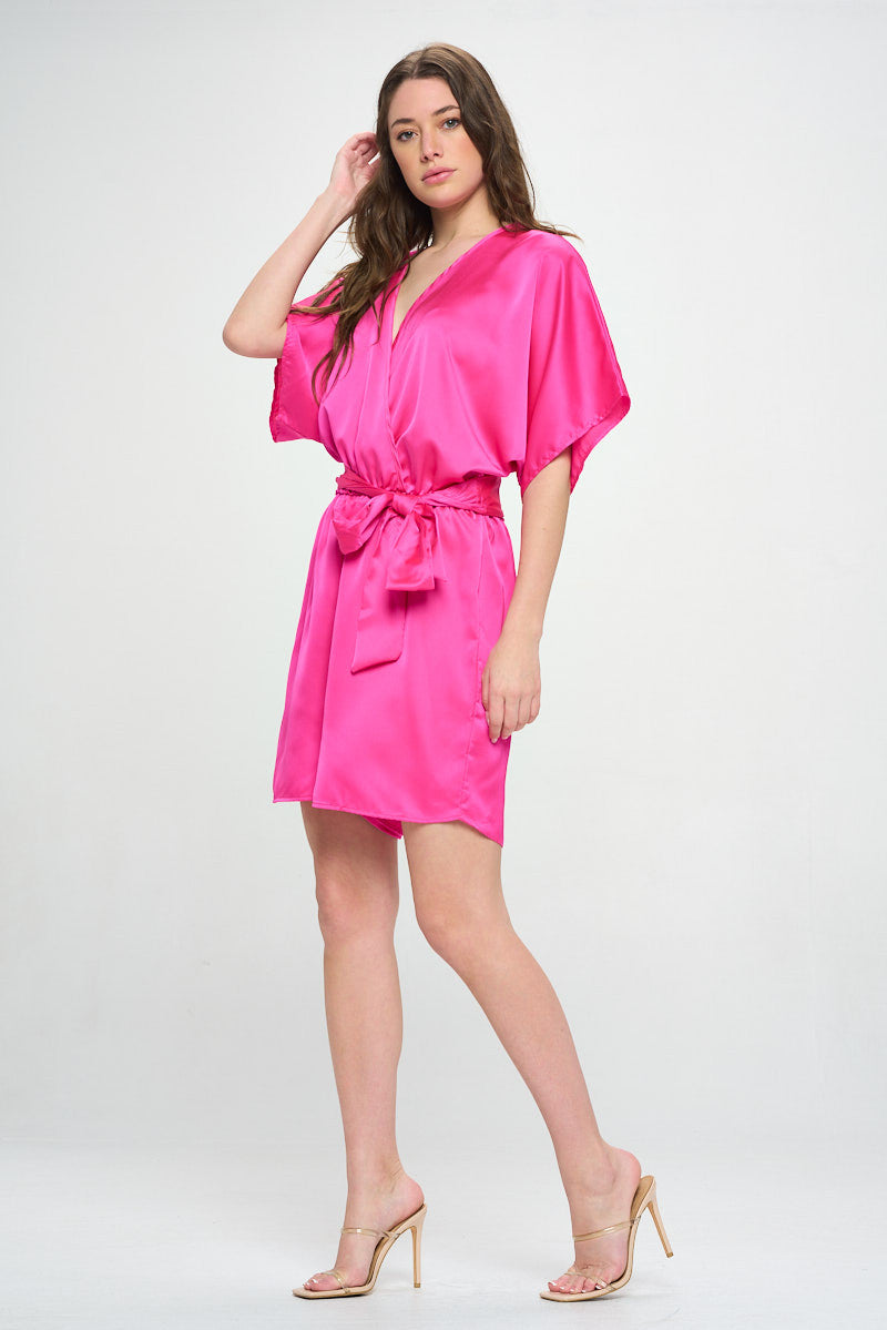 Solid Satin Kimono Romper with Tie