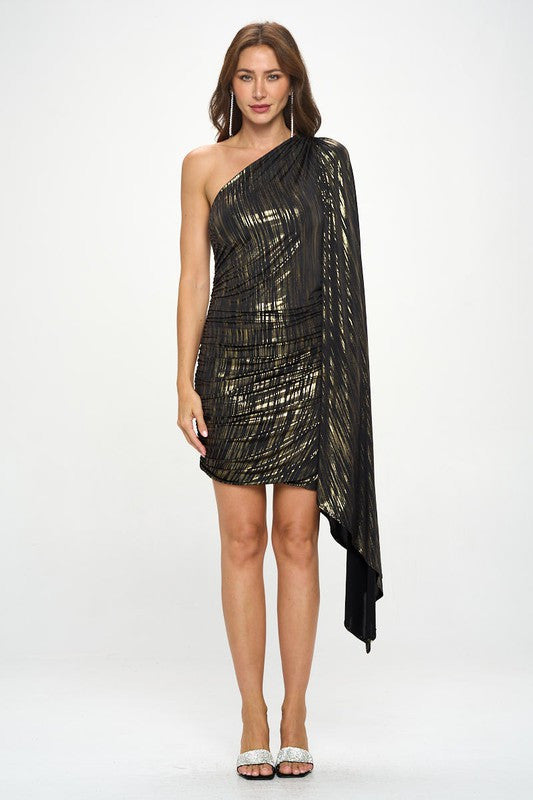 One Shoulder Ruched Dress with Gold Foil Detail