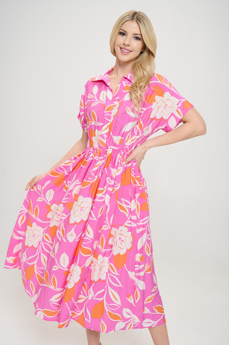 Flower Print Collared V neck Midi Dress with Pockets