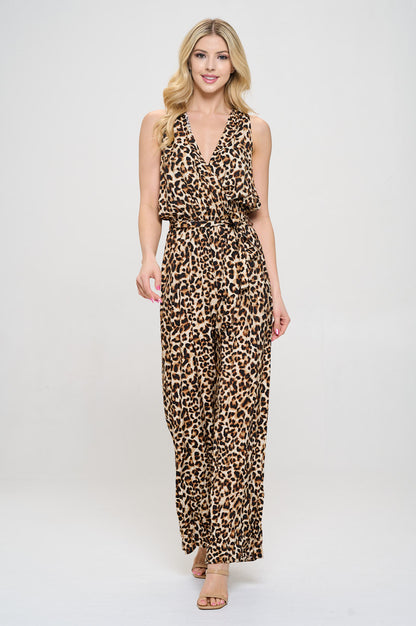 Animal Print V neck Sleeveless Jumpsuit with Tie-2