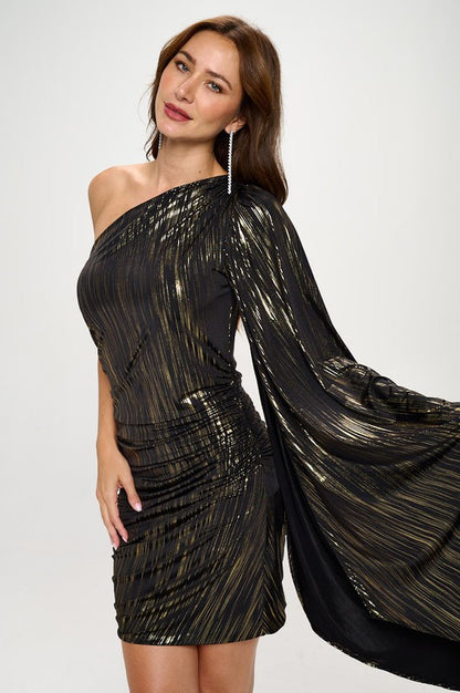 One Shoulder Ruched Dress with Gold Foil Detail
