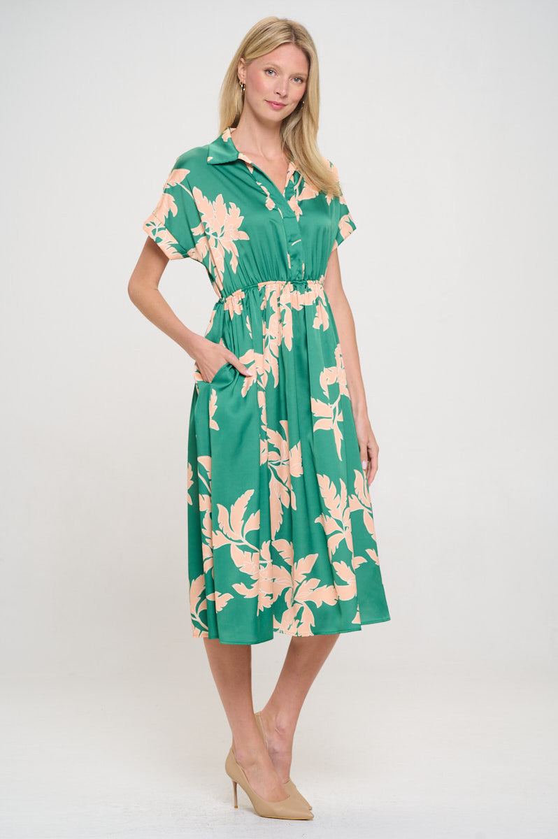 Flower Print Collared V neck Dress with Pockets