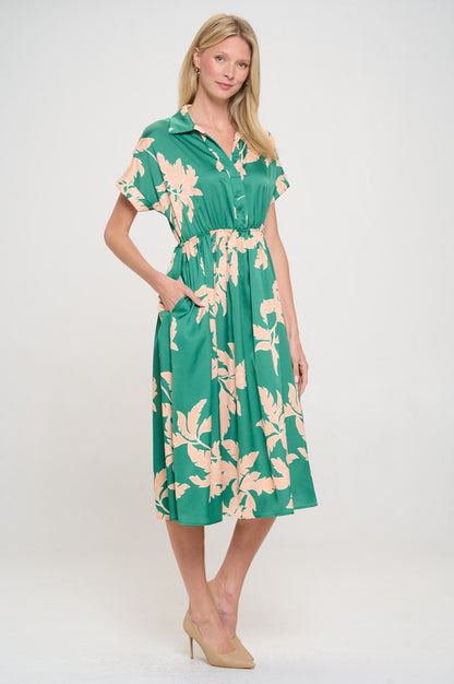 Flower Print Collared V neck Dress with Pockets