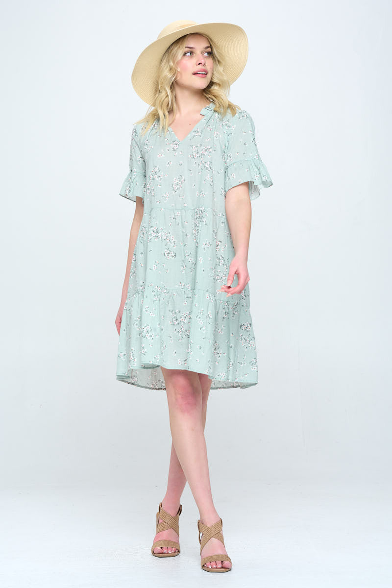 Floral Print V Neck Tiered Dress