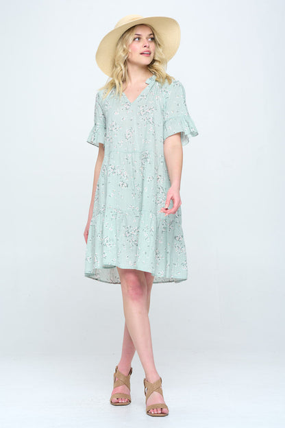 Floral Print V Neck Tiered Dress