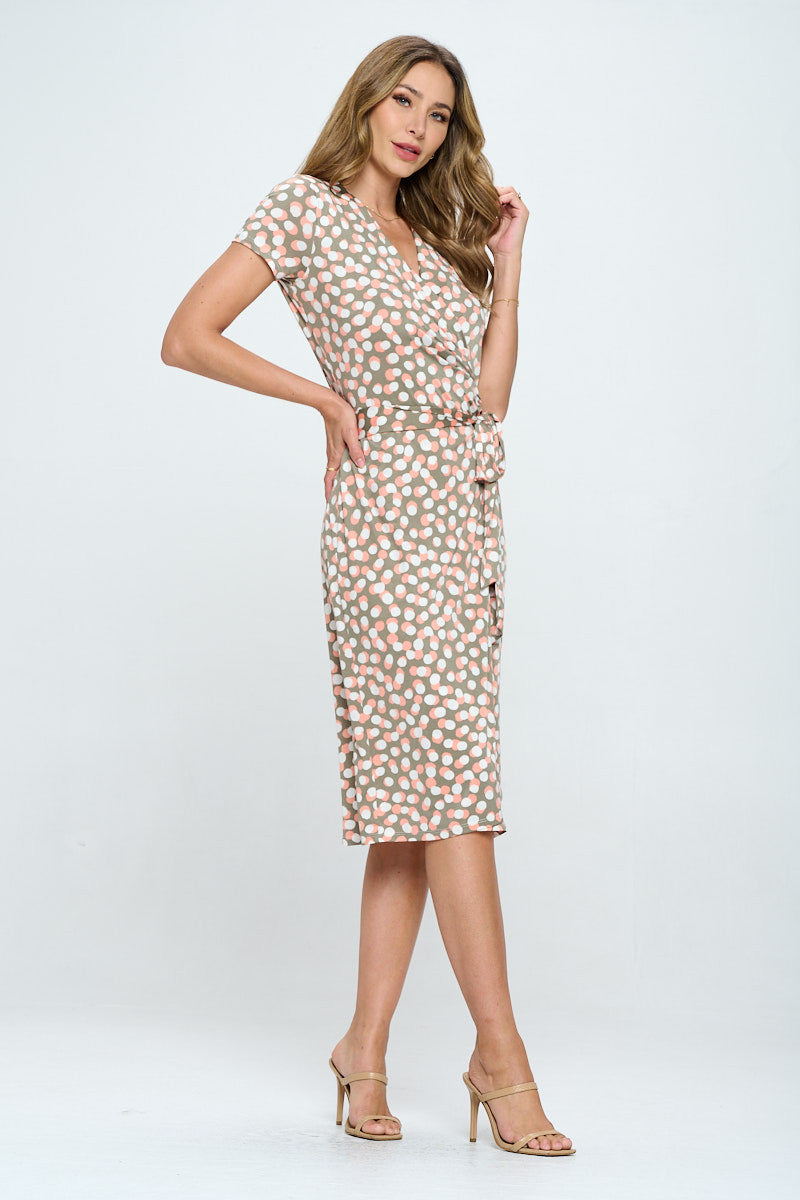 Polka Dot V neck Jersey Wrap Dress with Tie