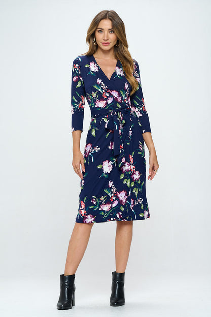 Floral Print V neck Jersey Wrap Dress with Tie-0
