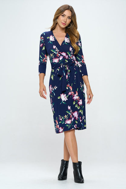 Floral Print V neck Jersey Wrap Dress with Tie-1