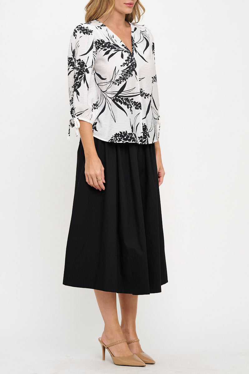 Floral Print V neck Top with Sleeve Tie