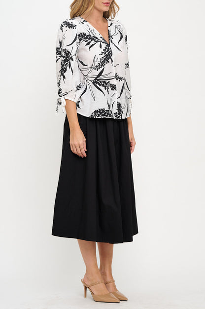 Floral Print V neck Top with Sleeve Tie