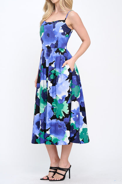 Floral Print Midi Dress with Smock Back Detail and Pockets