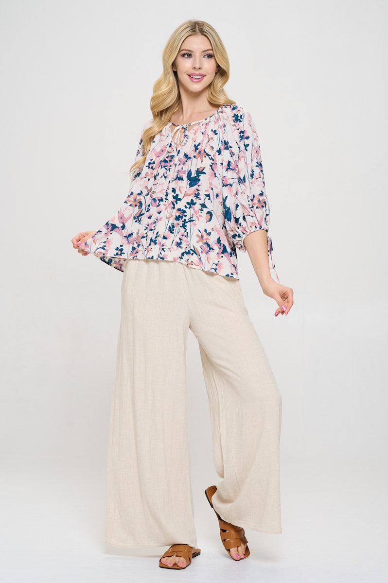 Floral Print V neck Top with Sleeve Tie