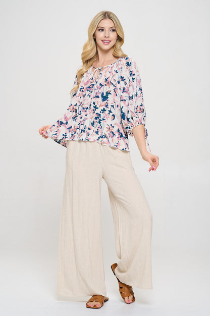 Floral Print V neck Top with Sleeve Tie