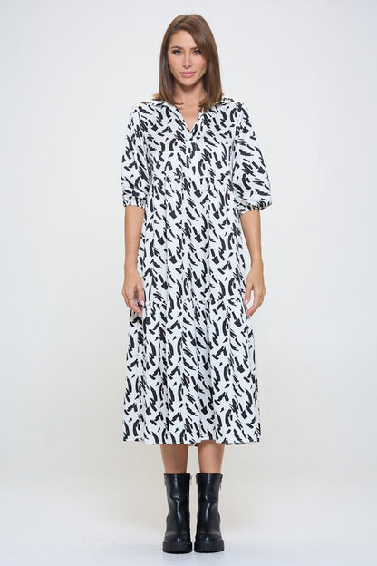 Print Collared V neck Tiered Dress with Pockets