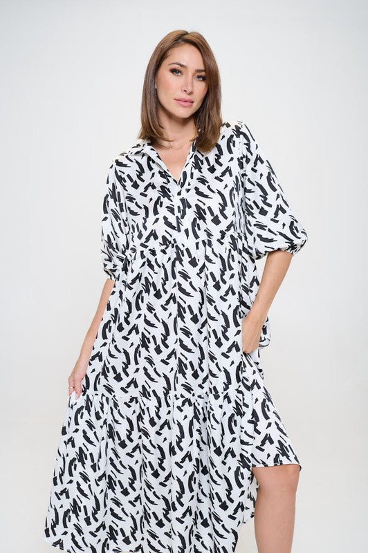 Print Collared V neck Tiered Dress with Pockets