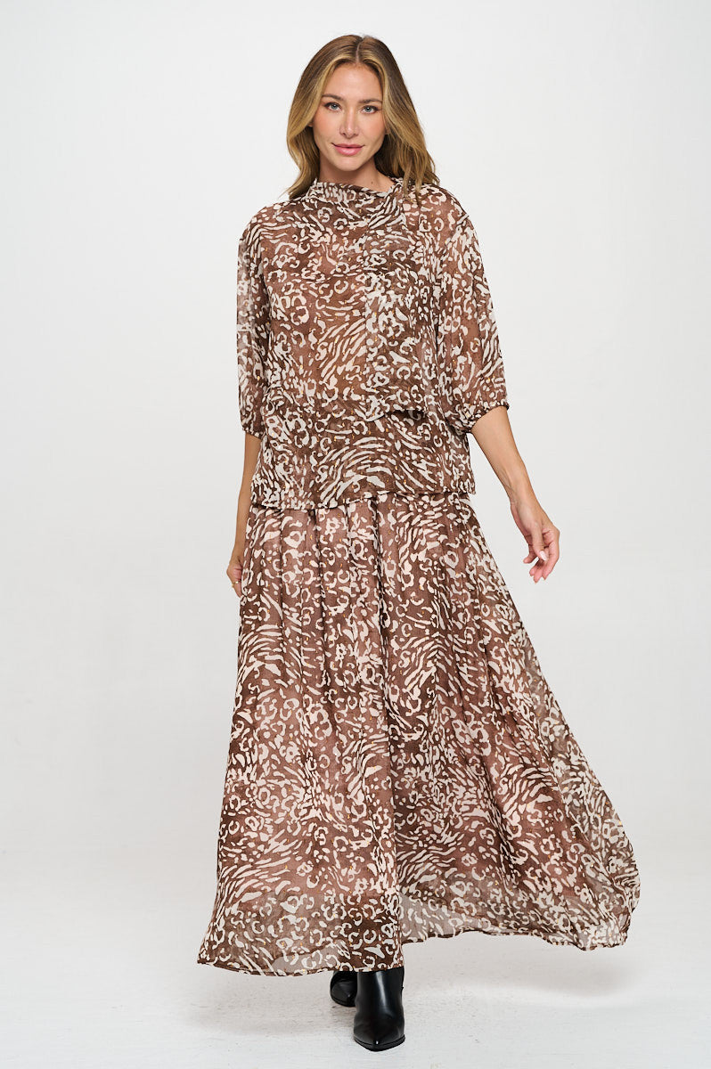 Abstract Print Sheer 3/4 Sleeve with Scarf Detail