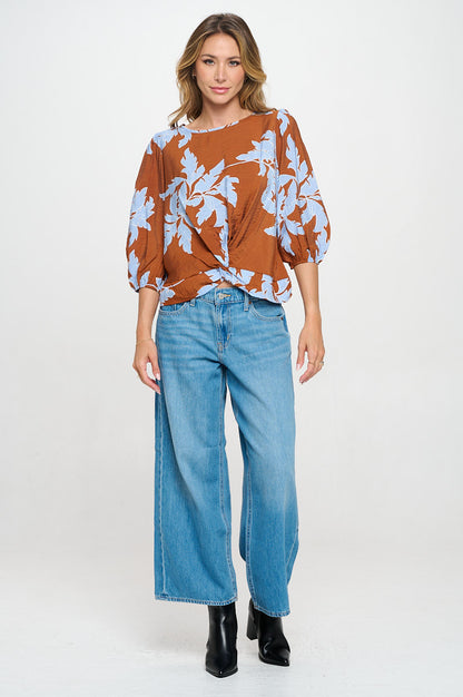Floral Print 3/4 Sleeve Top with Front Twist-4