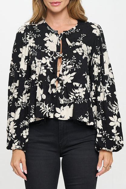 Floral Print Top with Front Tie Detail