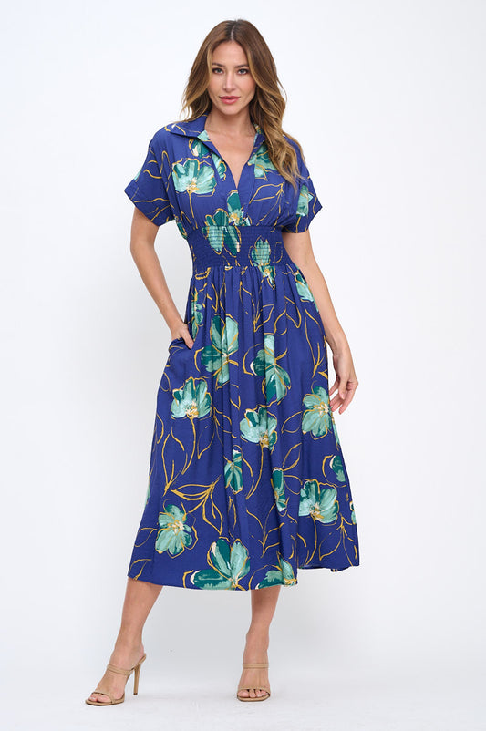 Floral Print V neck Collared Dress with Smock Waist Detail