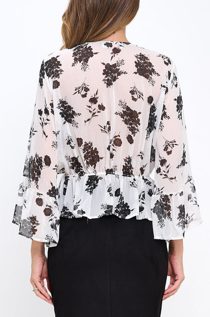 Floral Sheer Deep V neck Tie Top with Bell Sleeve-3