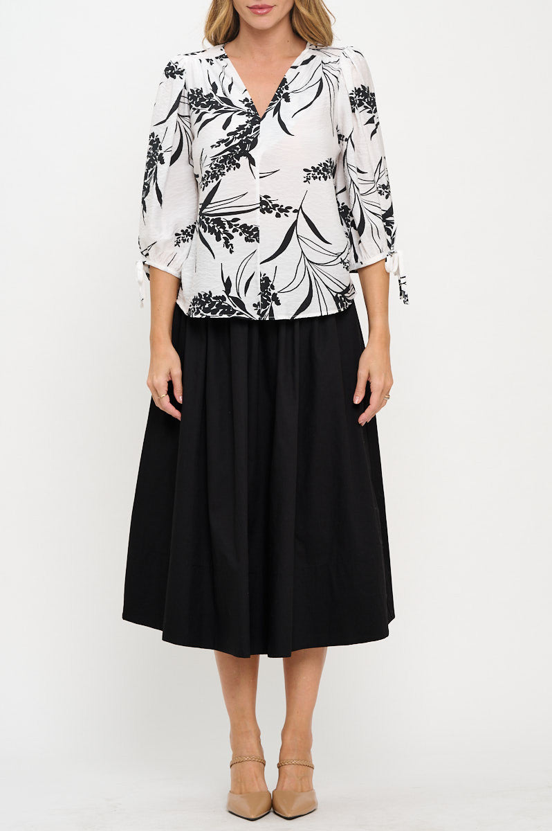 Floral Print V neck Top with Sleeve Tie