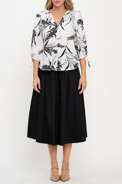 Floral Print V neck Top with Sleeve Tie