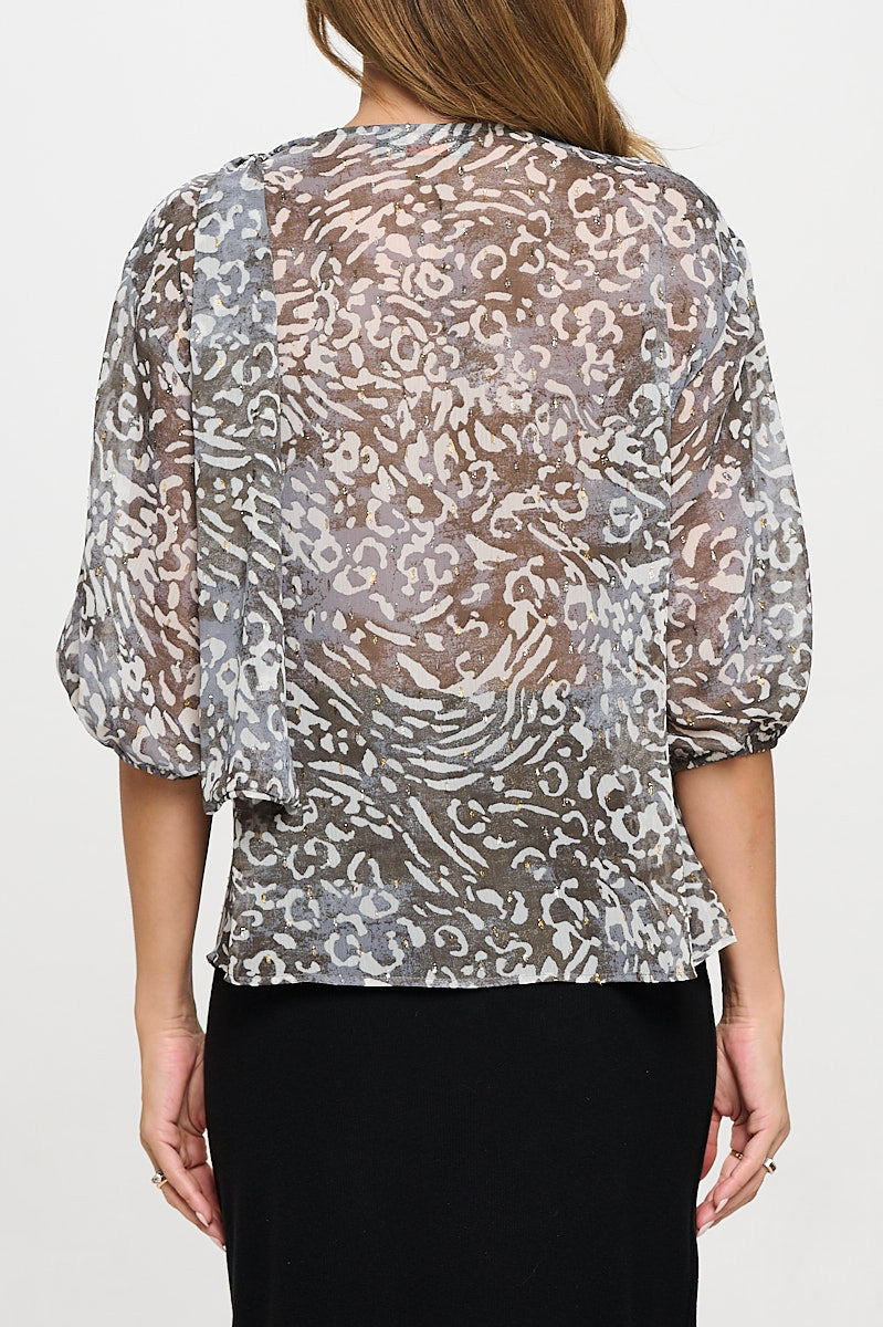 Abstract Print Sheer 3/4 Sleeve with Scarf Detail